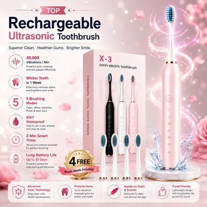 Sonic Electric Toothbrush Rechargeable Smart Timer Teeth Whitening Toothbrush (4 bursh heads)