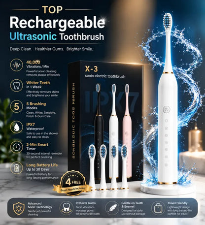 Sonic Electric Toothbrush Rechargeable Smart Timer Teeth Whitening Toothbrush (4 bursh heads)